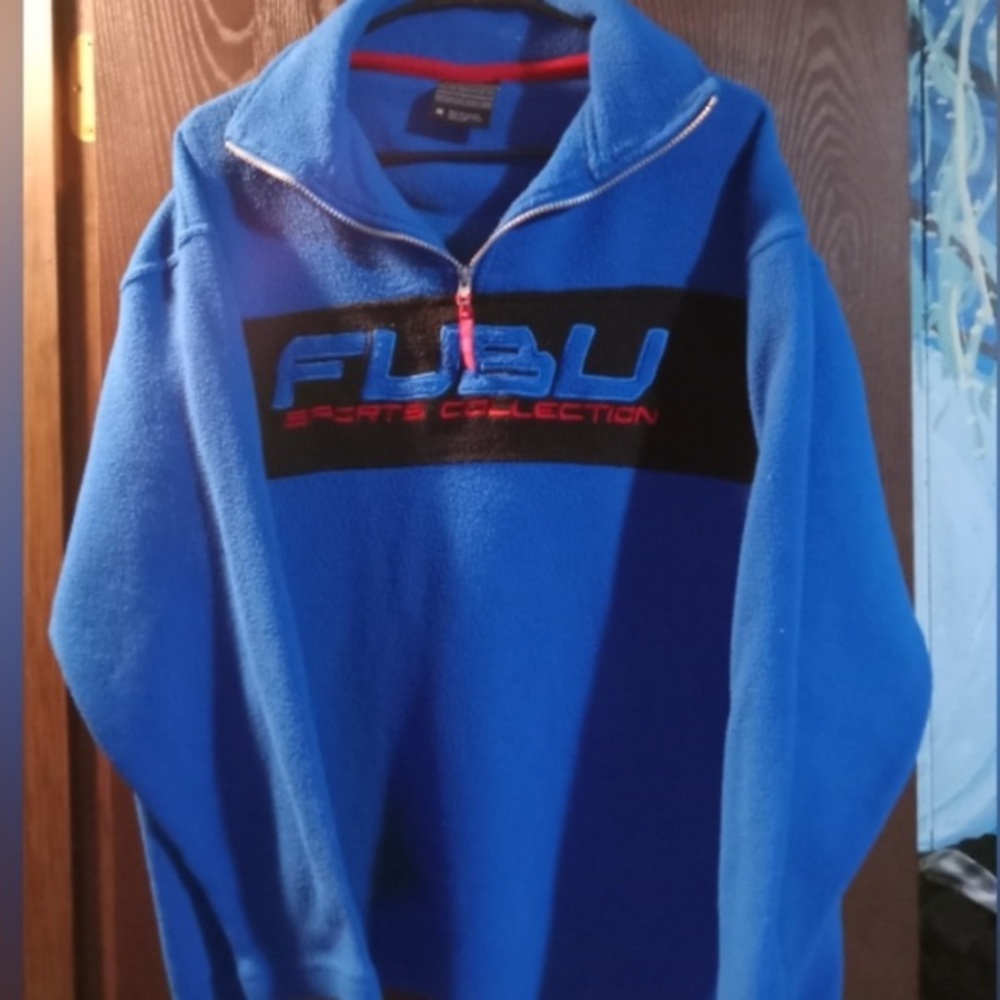 FUBU Men's Blue and Black Zip-Up Sweater